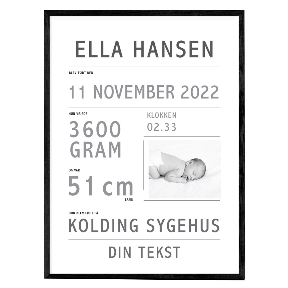 Fødselsplakat i grå til pige - plakater fra Wolfdesign