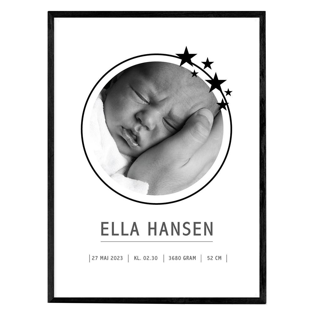 Fødselsplakat med billede og stjerner - plakater til børn