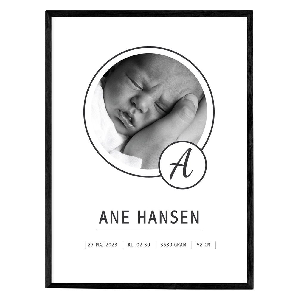 Fødselsplakat med foto og bogstavet A - plakater til din baby